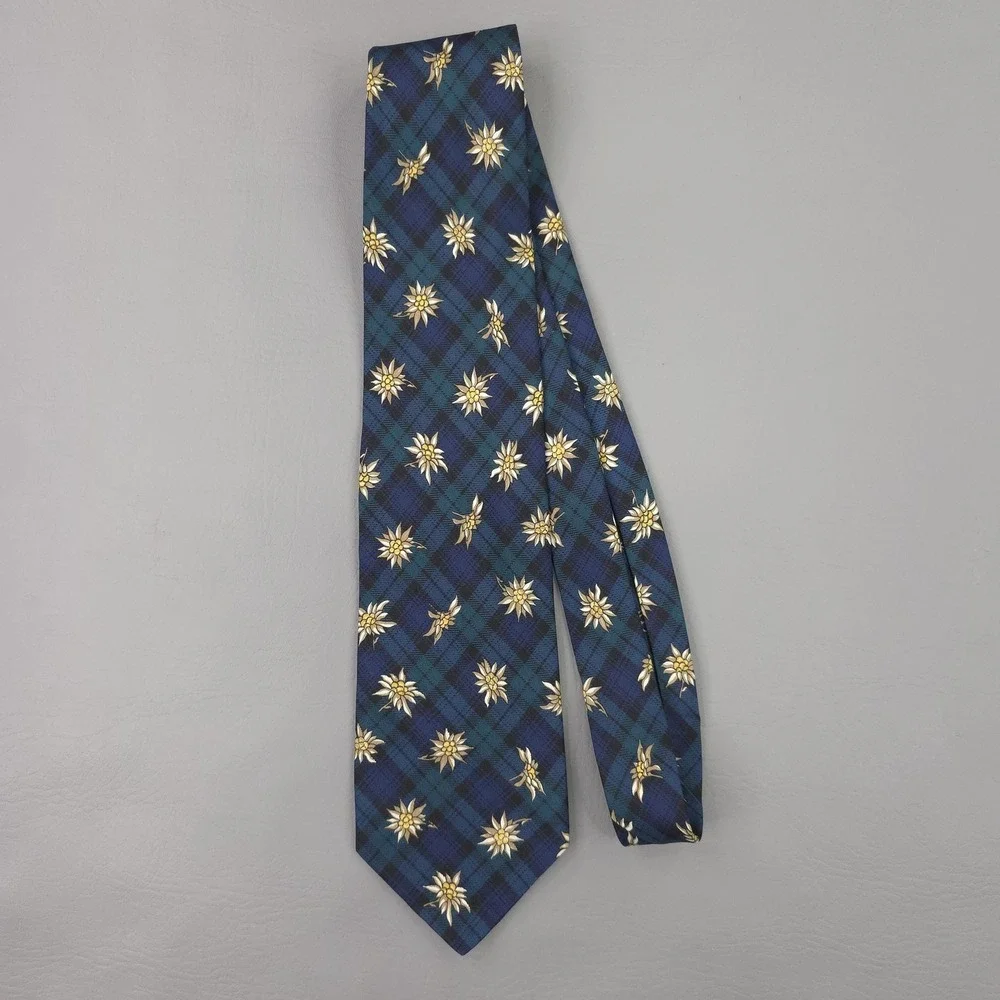 Brooks Brothers Tie Mens Blue Silk Tartan Plaid Edelweiss Floral‎ USA Necktie